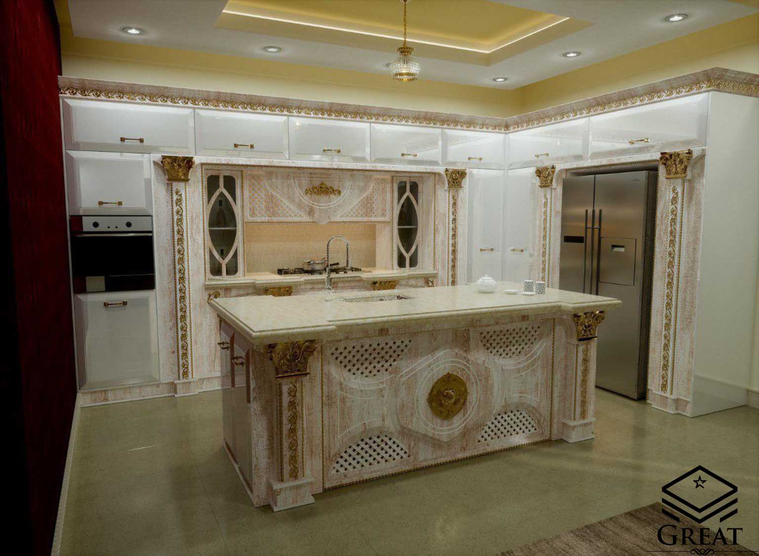 کابینت آشپزخانه خاص جواهر سفید با رنگ رگه ای قهوه ای