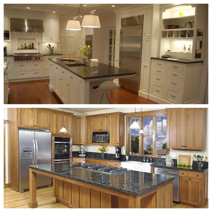 کابینت آشپزخانه روکش چوب با رنگ پلی استر سفید در تصویر بالا و خود رنگ در تصویر پایین