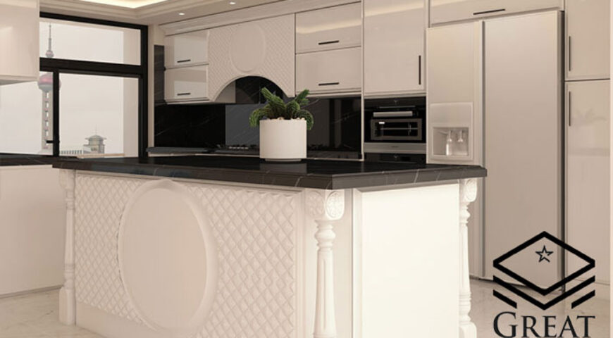 طراحی آشپزخانه نئوکلاسیک با کابینت هایگلاس