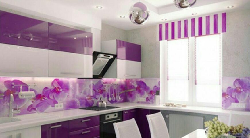 طراحی دکوراسیون آشپزخانه با رنگ بنفش