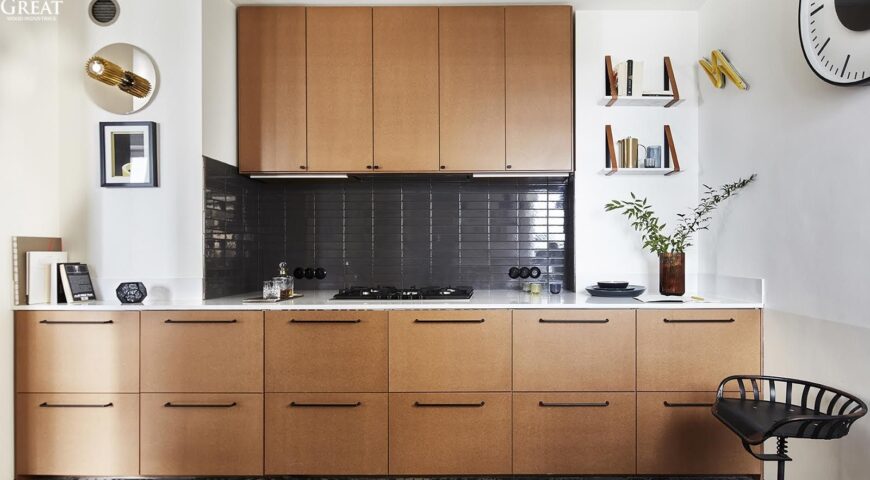 کابینت روکش چوب در آشپزخانه اپن