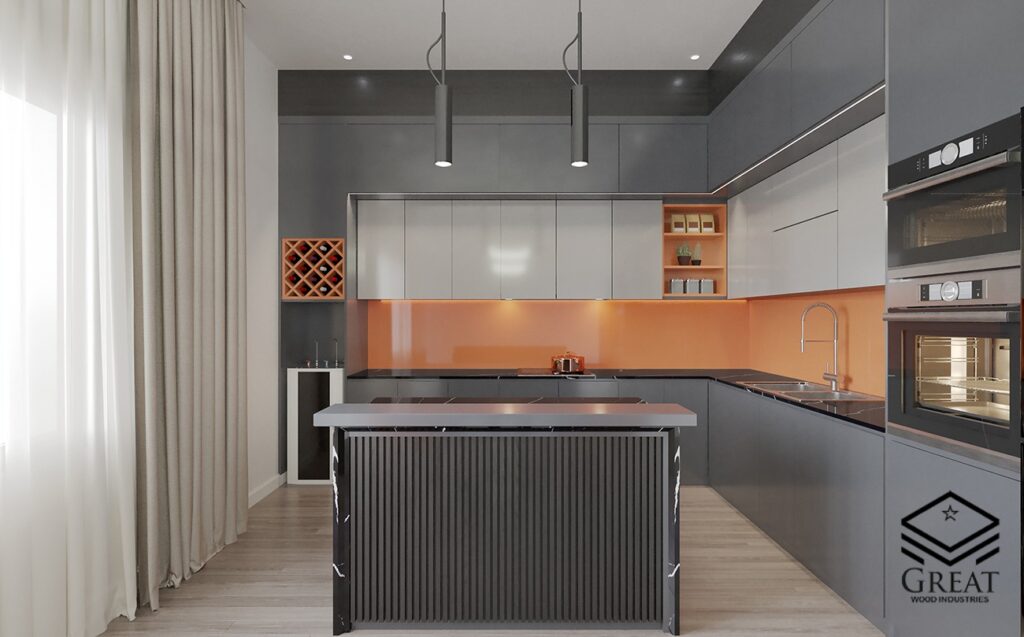 گریت کابینت | شرکت کابینت آشپزخانه گریت | modern dining kitchen interior with island table3d illustration ink 1