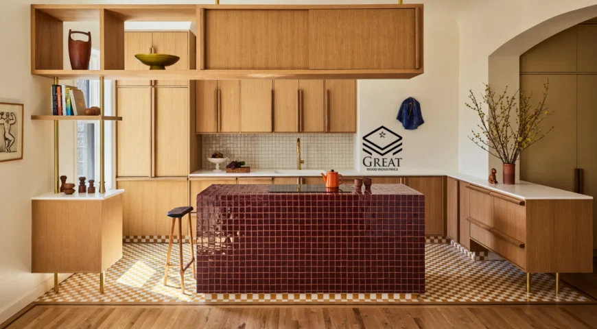 طراحی دکوراسیون آشپزخانه با کابینت چوب طبیعی مدرن