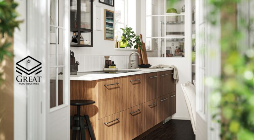 طراحی دکوراسیون آشپزخانه با کابینت روکش چوب