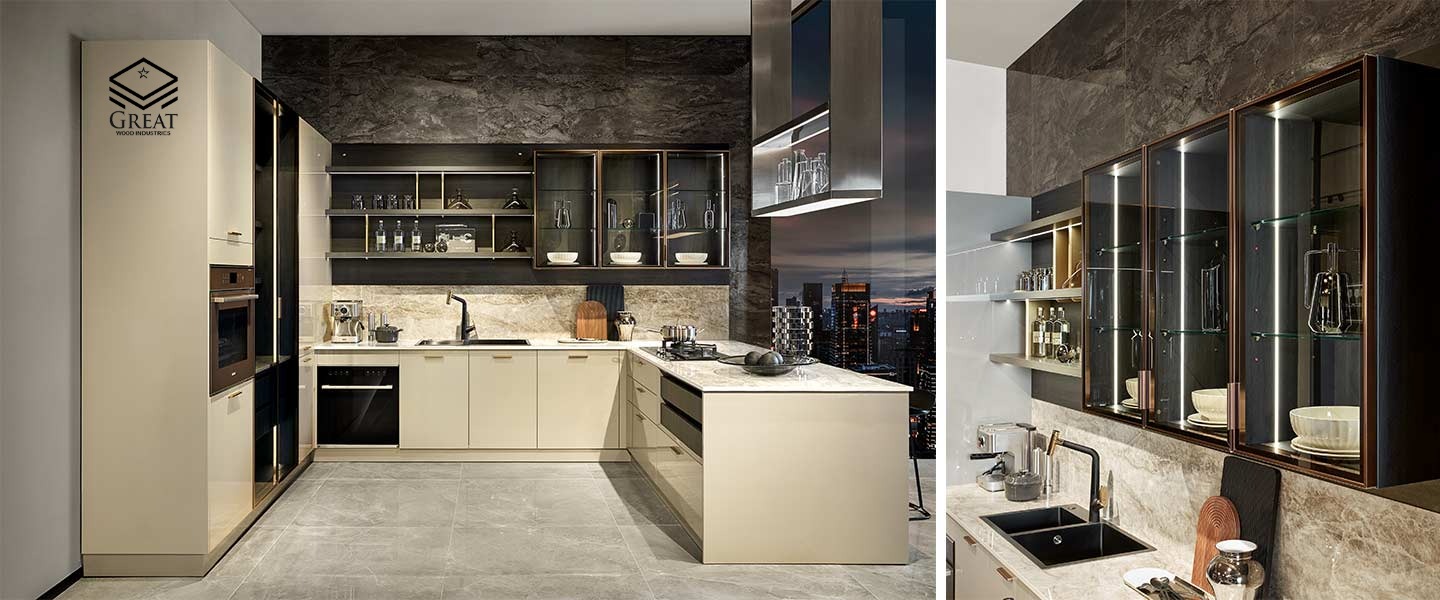 گریت کابینت | شرکت کابینت آشپزخانه گریت | Grey Modern Lacquer Kitchen with Glass Cabinet PLCC20016 2 ink