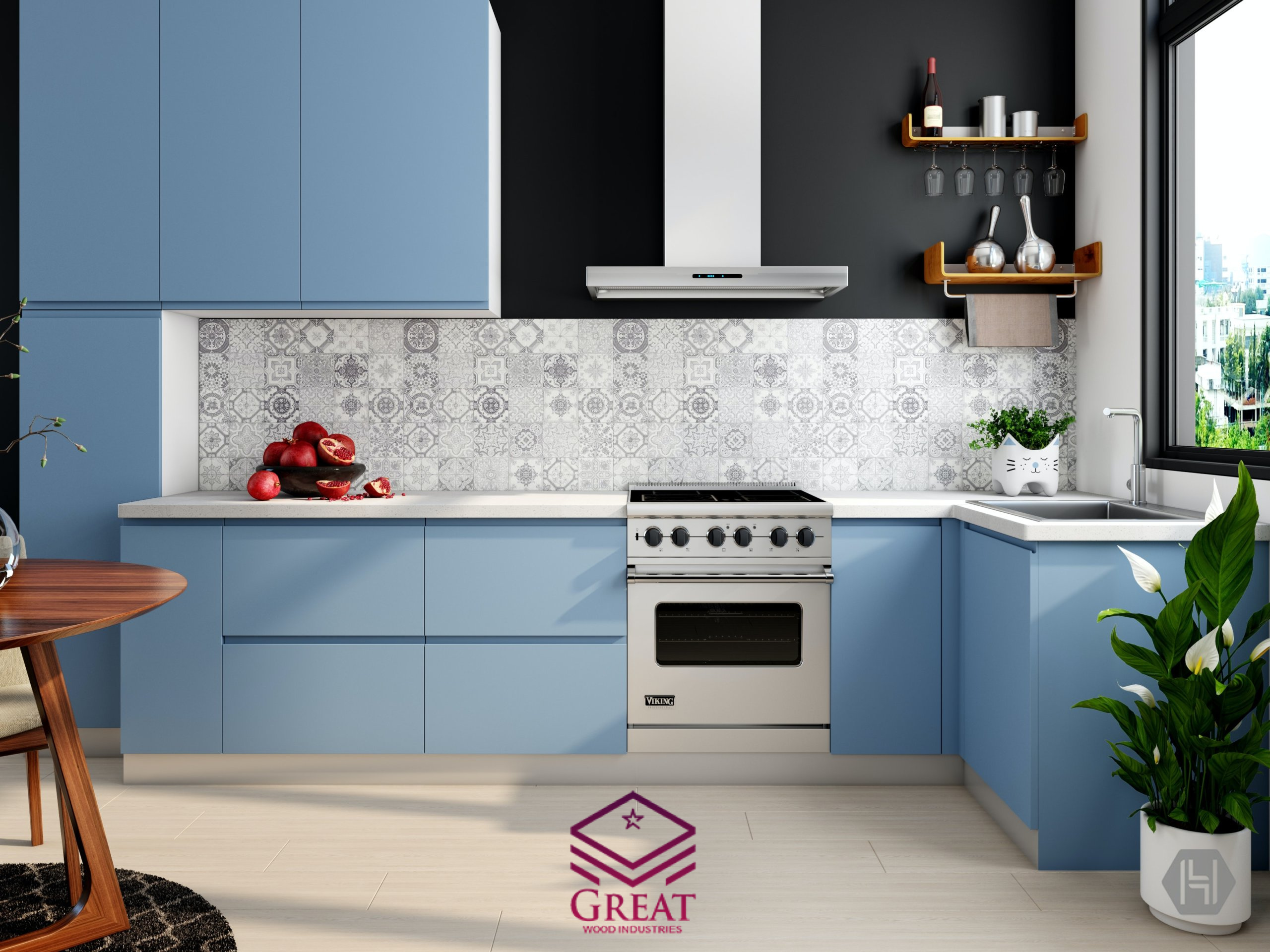 گریت کابینت | شرکت کابینت آشپزخانه گریت | Kitchen interior with blue cabinets and tiled wall 37824 scaled 1