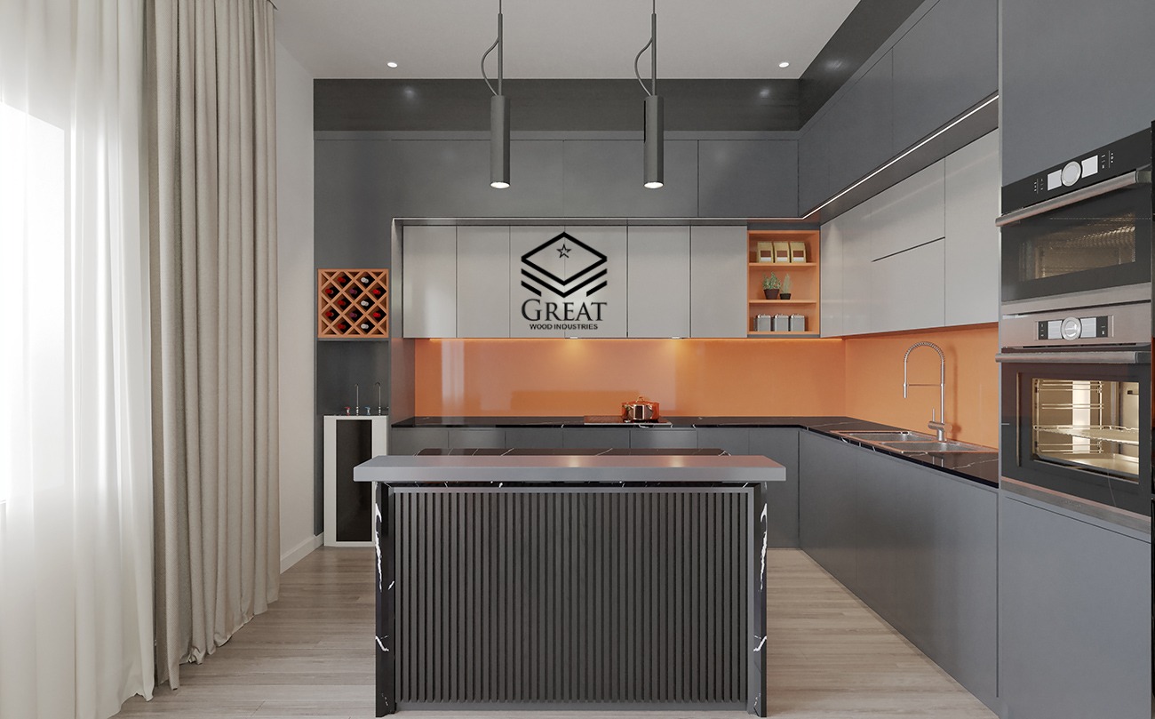گریت کابینت | شرکت کابینت آشپزخانه گریت | modern dining kitchen interior with island table3d illustration ink